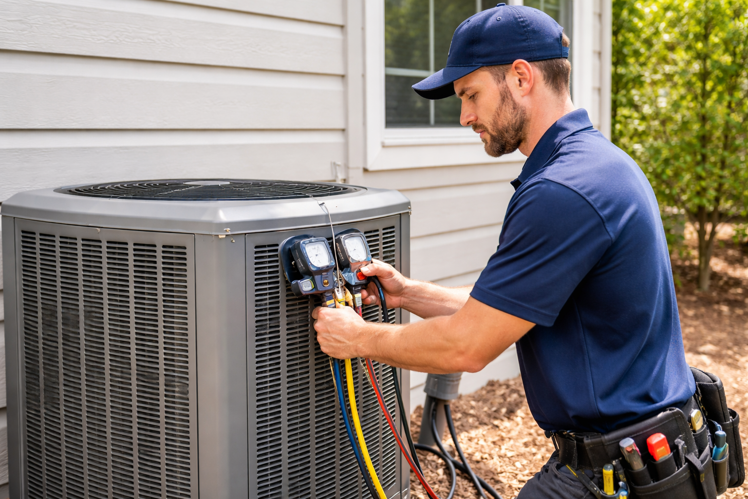 Technician performing air conditioner maintenance in a Medford home